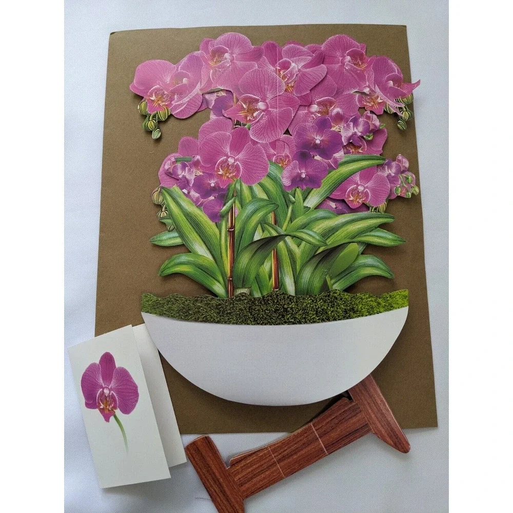 3D pop up greeting card.Complete card set with envelope Beautiful orchids. 13x9”